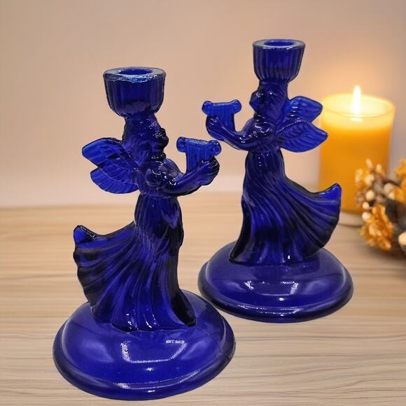 Vintage Cobalt Blue Glass Angel Candlestick Holders Musical Angel Harp Figurines - Picture 1 of 9